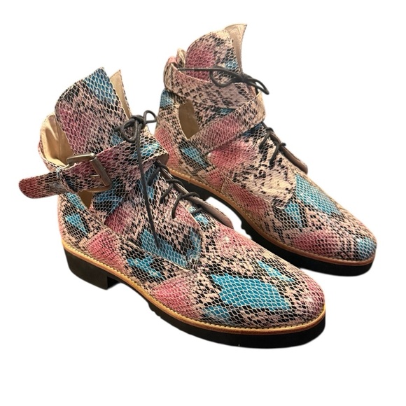 Messeca New York Pink/Blue Snakeskin Cutout Combat Boots Size 9 MSRP $595 - Picture 1 of 16